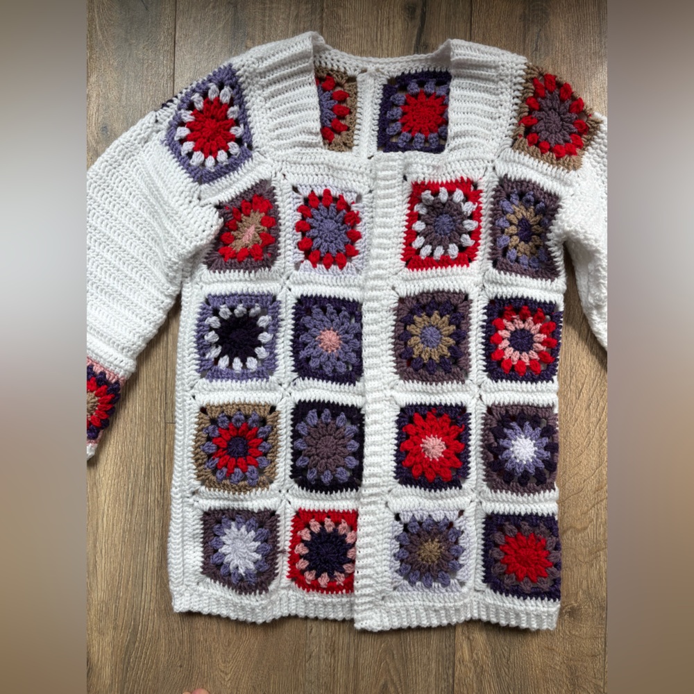 Crochet Granny Square Knit Oversized Cardigan Sweater Bode Inspired Medium/Large - Picture 7 of 16